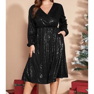 Bloomchic Black Solid Pocket Lantern Sleeve Wrap Sequin Dress